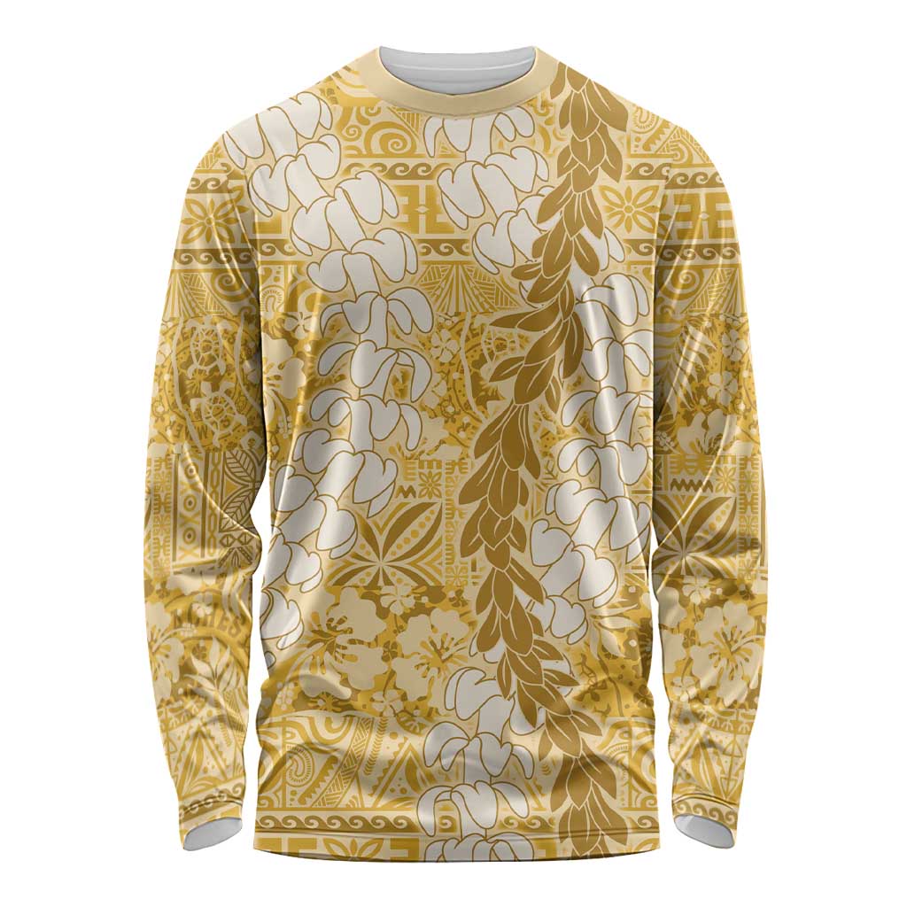 Gold Puakenikeni and Maile Lei Long Sleeve Shirt Hawaiian Style Tribal Tapa Double Strand Lei LT9 Unisex Gold - Polynesian Pride