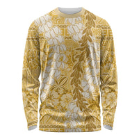 Gold Puakenikeni and Maile Lei Long Sleeve Shirt Hawaiian Style Tribal Tapa Double Strand Lei LT9 Unisex Gold - Polynesian Pride