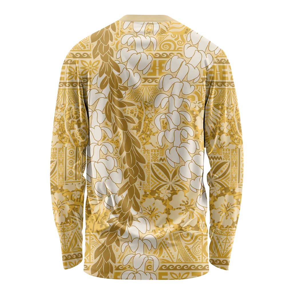 Gold Puakenikeni and Maile Lei Long Sleeve Shirt Hawaiian Style Tribal Tapa Double Strand Lei LT9 - Polynesian Pride