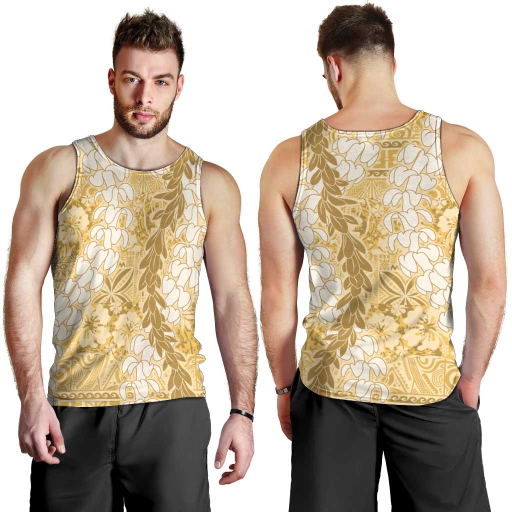 Gold Puakenikeni and Maile Lei Men Tank Top Hawaiian Style Tribal Tapa Double Strand Lei