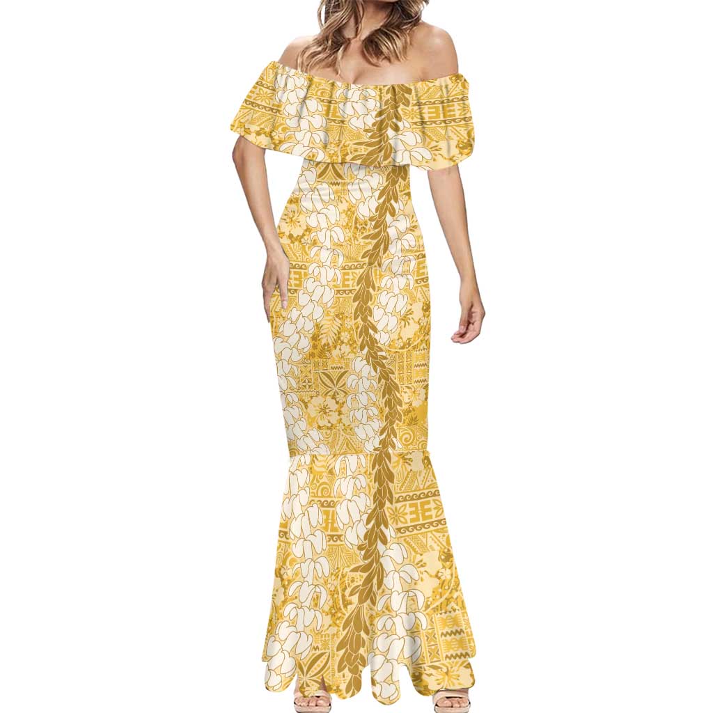 Gold Puakenikeni and Maile Lei Mermaid Dress Hawaiian Style Tribal Tapa Double Strand Lei LT9 - Polynesian Pride