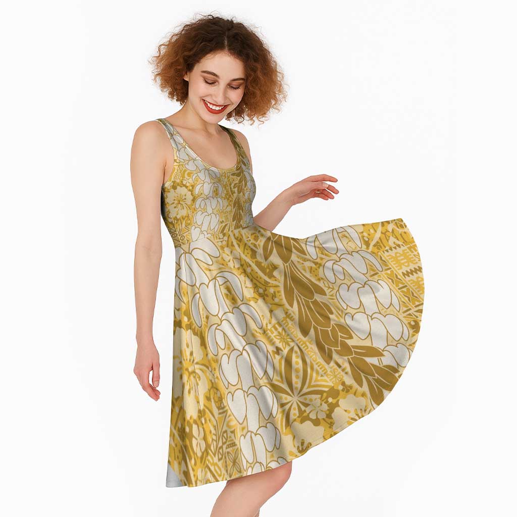 Gold Puakenikeni and Maile Lei Midi Dress Hawaiian Style Tribal Tapa Double Strand Lei LT9 - Polynesian Pride