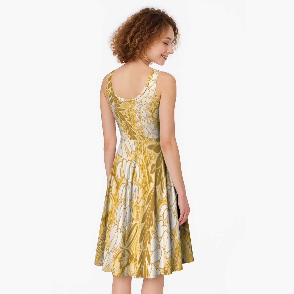 Gold Puakenikeni and Maile Lei Midi Dress Hawaiian Style Tribal Tapa Double Strand Lei LT9 - Polynesian Pride