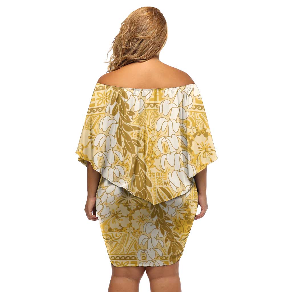 Gold Puakenikeni and Maile Lei Off Shoulder Short Dress Hawaiian Style Tribal Tapa Double Strand Lei LT9 - Polynesian Pride