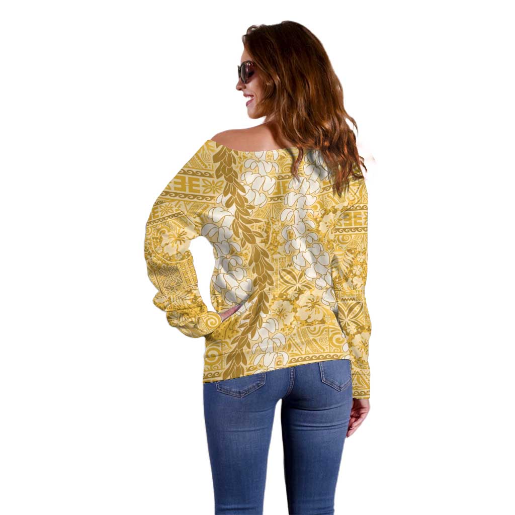 Gold Puakenikeni and Maile Lei Off Shoulder Sweater Hawaiian Style Tribal Tapa Double Strand Lei