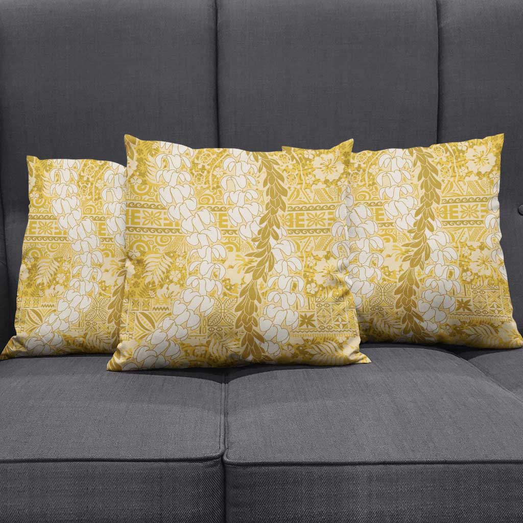 Gold Puakenikeni and Maile Lei Pillow Cover Hawaiian Style Tribal Tapa Double Strand Lei - Polynesian Pride