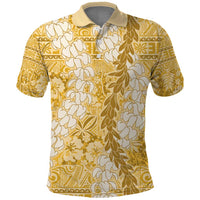 Gold Puakenikeni and Maile Lei Polo Shirt Hawaiian Style Tribal Tapa Double Strand Lei LT9 Gold - Polynesian Pride