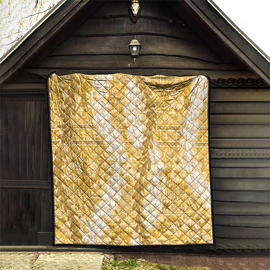 Gold Puakenikeni and Maile Lei Quilt Hawaiian Style Tribal Tapa Double Strand Lei