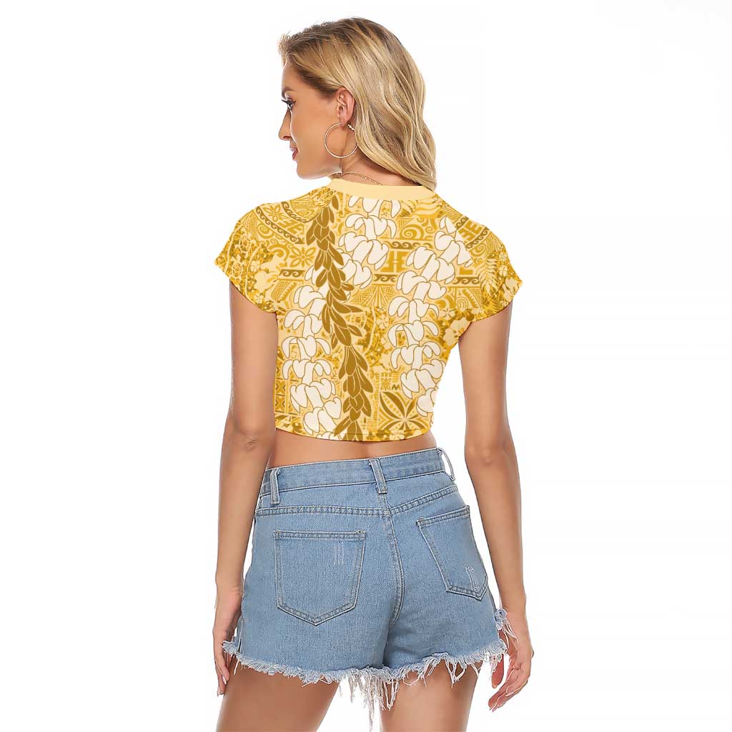 Gold Puakenikeni and Maile Lei Raglan Cropped T Shirt Hawaiian Style Tribal Tapa Double Strand Lei