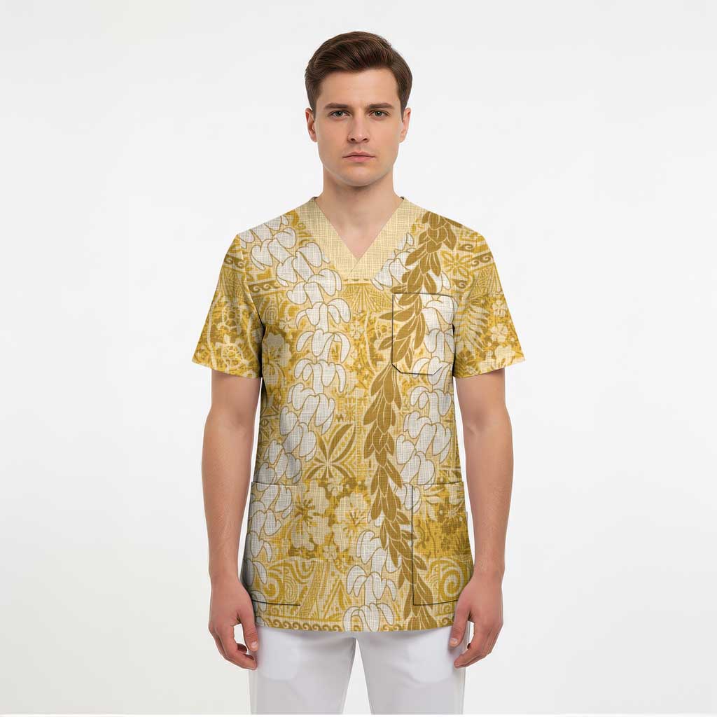 Gold Puakenikeni and Maile Lei Scrub Top Hawaiian Style Tribal Tapa Double Strand Lei - Polynesian Pride