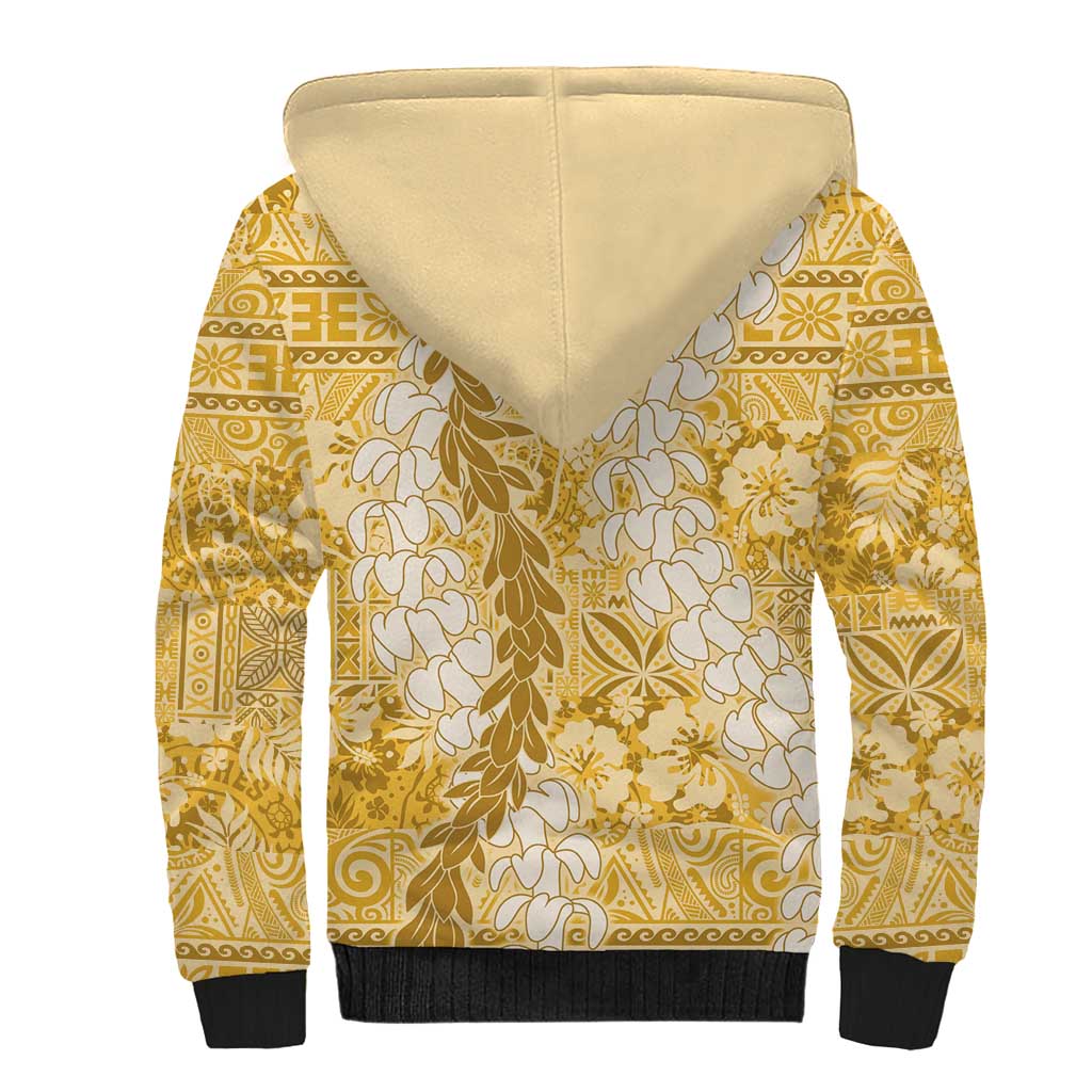 Gold Puakenikeni and Maile Lei Sherpa Hoodie Hawaiian Style Tribal Tapa Double Strand Lei LT9 - Polynesian Pride