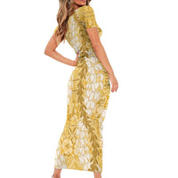 Gold Puakenikeni and Maile Lei Short Sleeve Bodycon Dress Hawaiian Style Tribal Tapa Double Strand Lei LT9 - Polynesian Pride