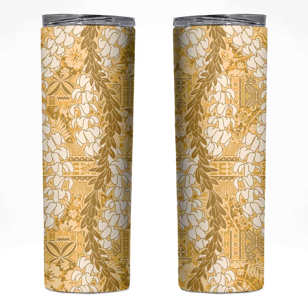 Gold Puakenikeni and Maile Lei Skinny Tumbler Hawaiian Style Tribal Tapa Double Strand Lei