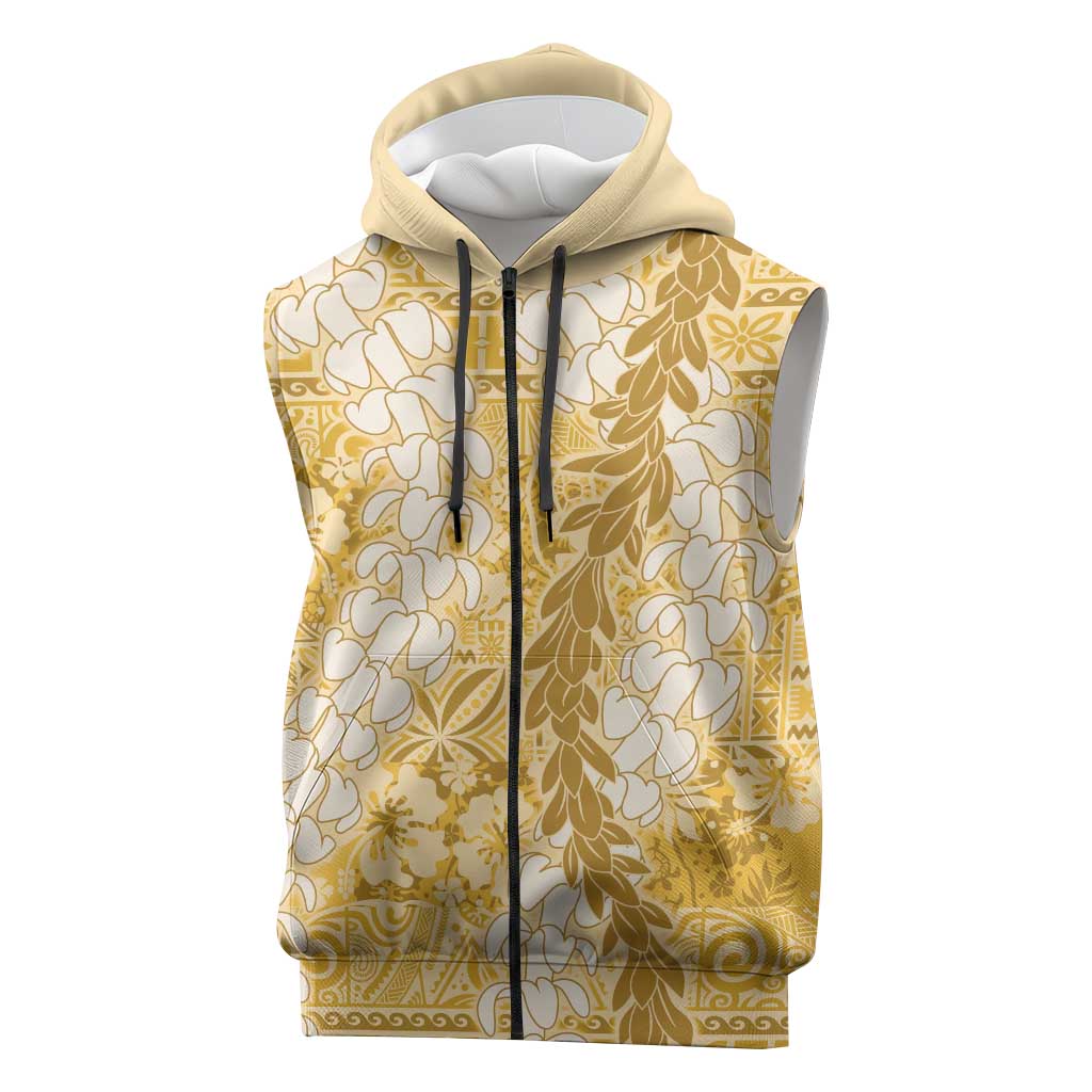 Gold Puakenikeni and Maile Lei Sleeveless Zip Hoodie Hawaiian Style Tribal Tapa Double Strand Lei - Polynesian Pride