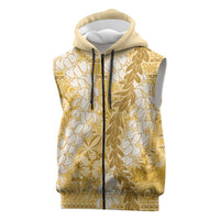 Gold Puakenikeni and Maile Lei Sleeveless Zip Hoodie Hawaiian Style Tribal Tapa Double Strand Lei LT9 Gold - Polynesian Pride