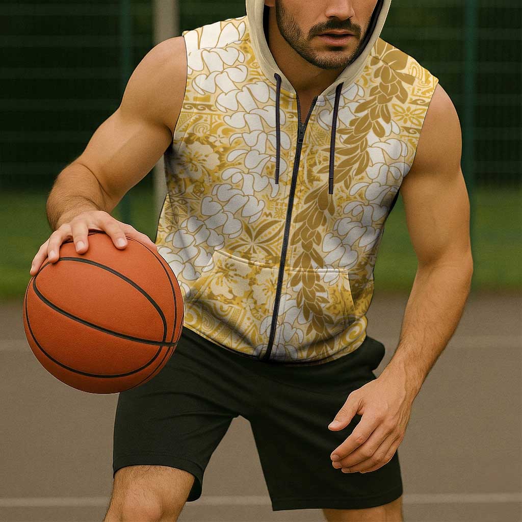 Gold Puakenikeni and Maile Lei Sleeveless Zip Hoodie Hawaiian Style Tribal Tapa Double Strand Lei LT9 - Polynesian Pride