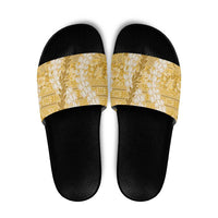 Gold Puakenikeni and Maile Lei Slide Sandals Hawaiian Style Tribal Tapa Double Strand Lei - Polynesian Pride