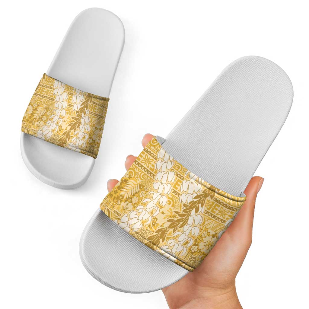 Gold Puakenikeni and Maile Lei Slide Sandals Hawaiian Style Tribal Tapa Double Strand Lei - Polynesian Pride