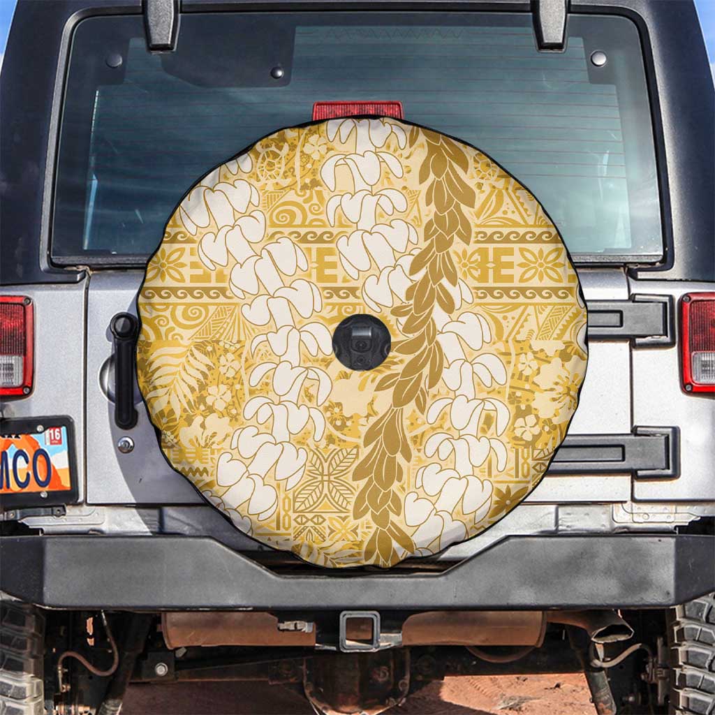 Gold Puakenikeni and Maile Lei Spare Tire Cover Hawaiian Style Tribal Tapa Double Strand Lei LT9 Gold - Polynesian Pride
