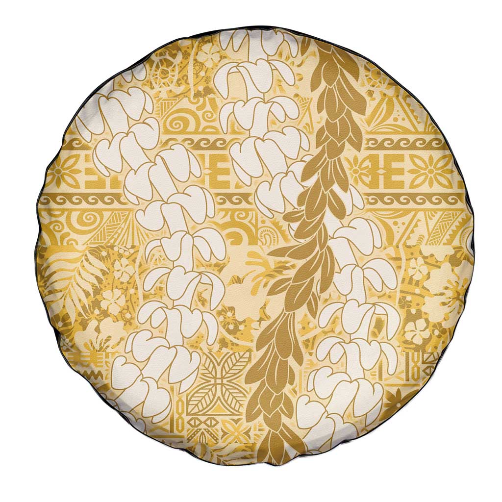 Gold Puakenikeni and Maile Lei Spare Tire Cover Hawaiian Style Tribal Tapa Double Strand Lei LT9 - Polynesian Pride