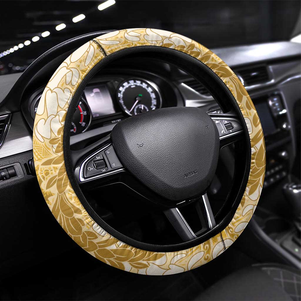 Gold Puakenikeni and Maile Lei Steering Wheel Cover Hawaiian Style Tribal Tapa Double Strand Lei LT9 Universal Fit Gold - Polynesian Pride