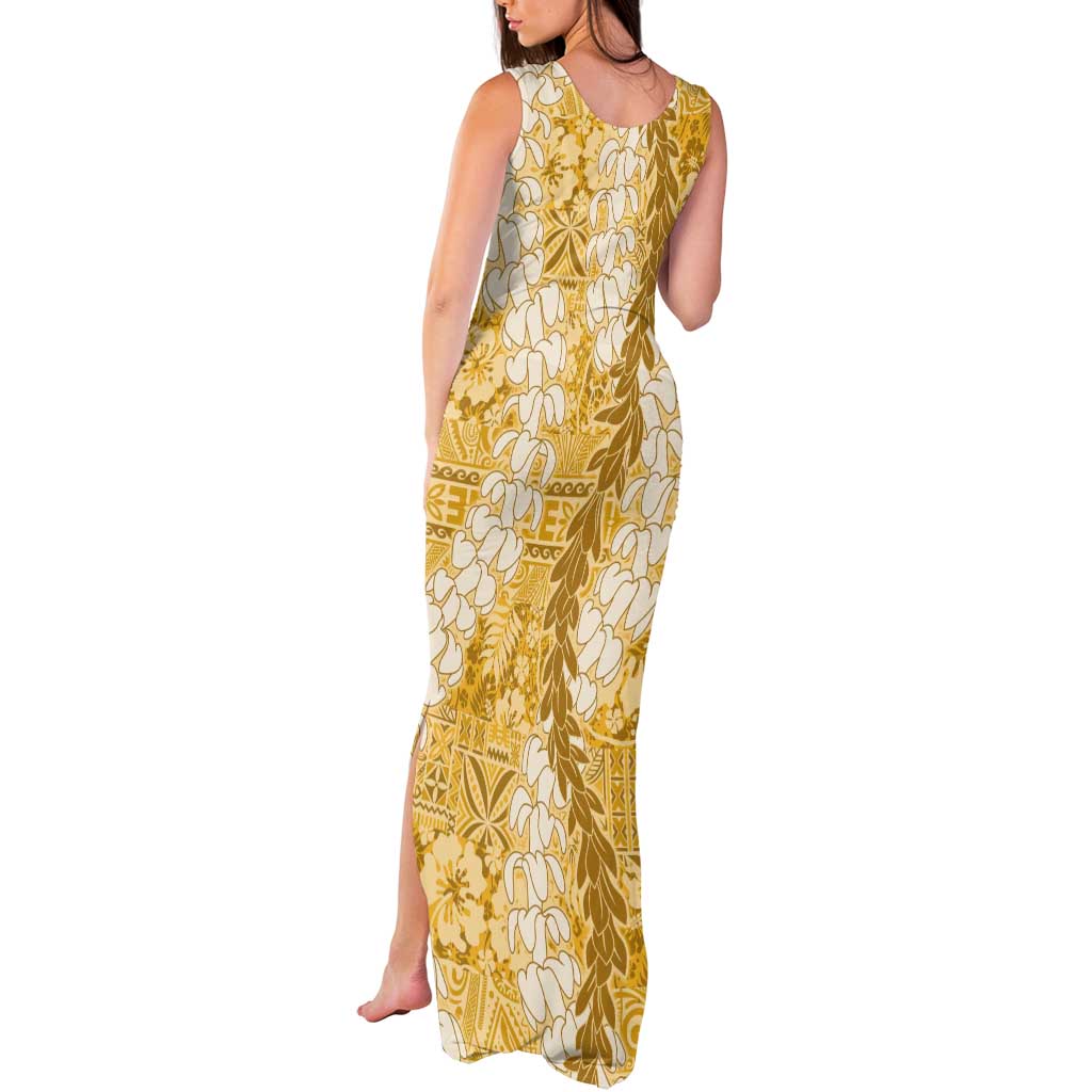 Gold Puakenikeni and Maile Lei Tank Maxi Dress Hawaiian Style Tribal Tapa Double Strand Lei LT9 - Polynesian Pride