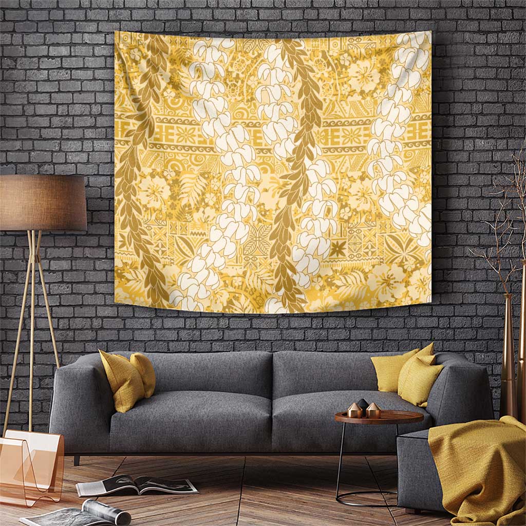 Gold Puakenikeni and Maile Lei Tapestry Hawaiian Style Tribal Tapa Double Strand Lei