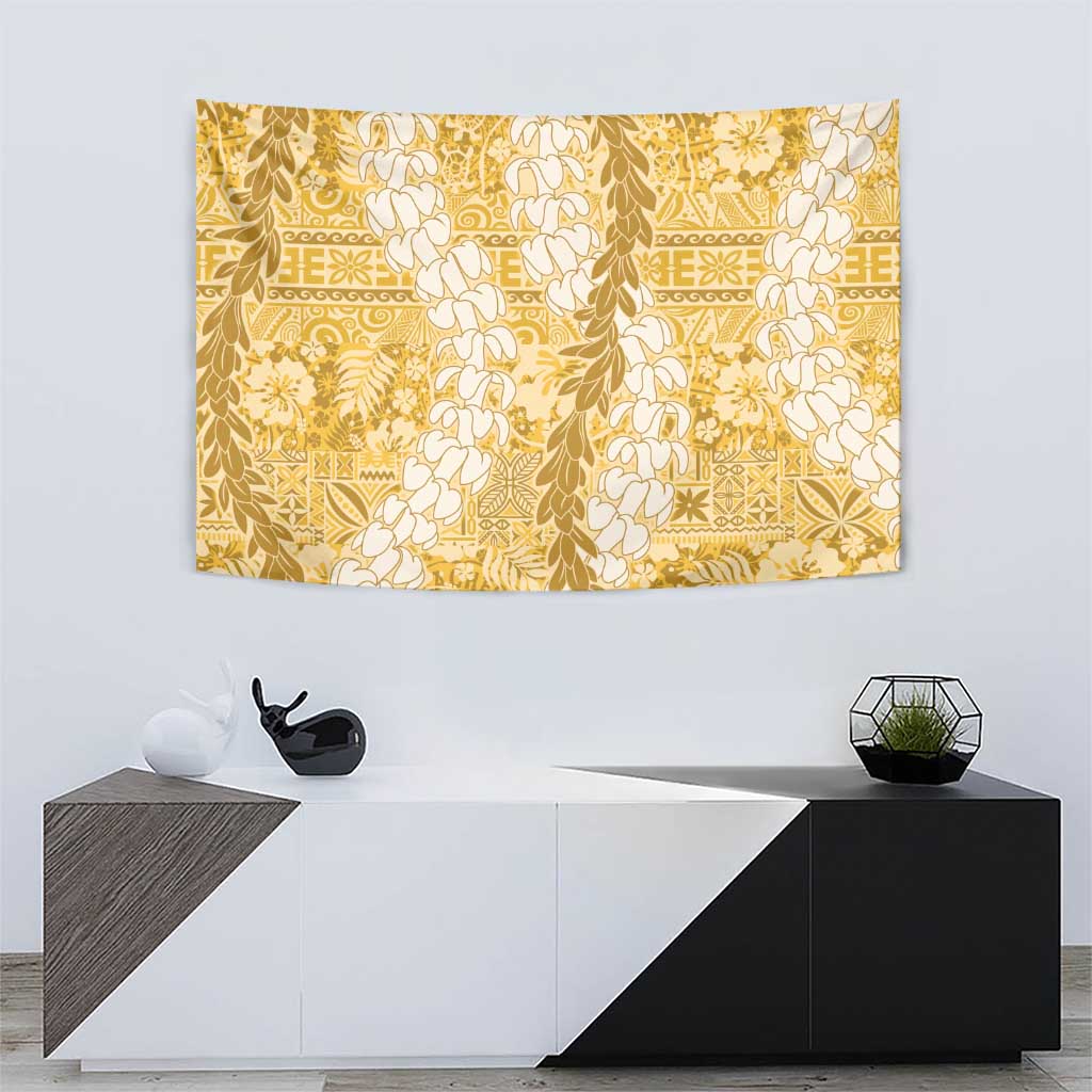 Gold Puakenikeni and Maile Lei Tapestry Hawaiian Style Tribal Tapa Double Strand Lei
