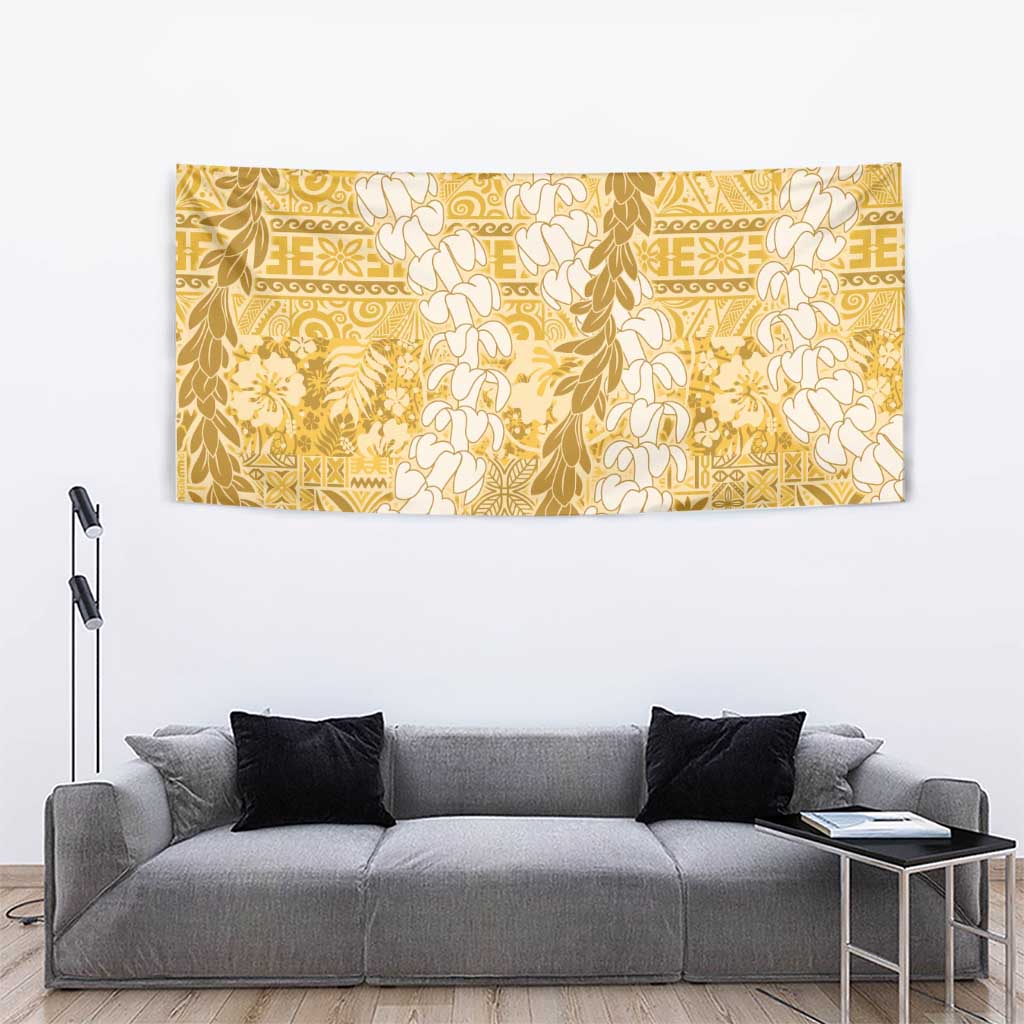 Gold Puakenikeni and Maile Lei Tapestry Hawaiian Style Tribal Tapa Double Strand Lei