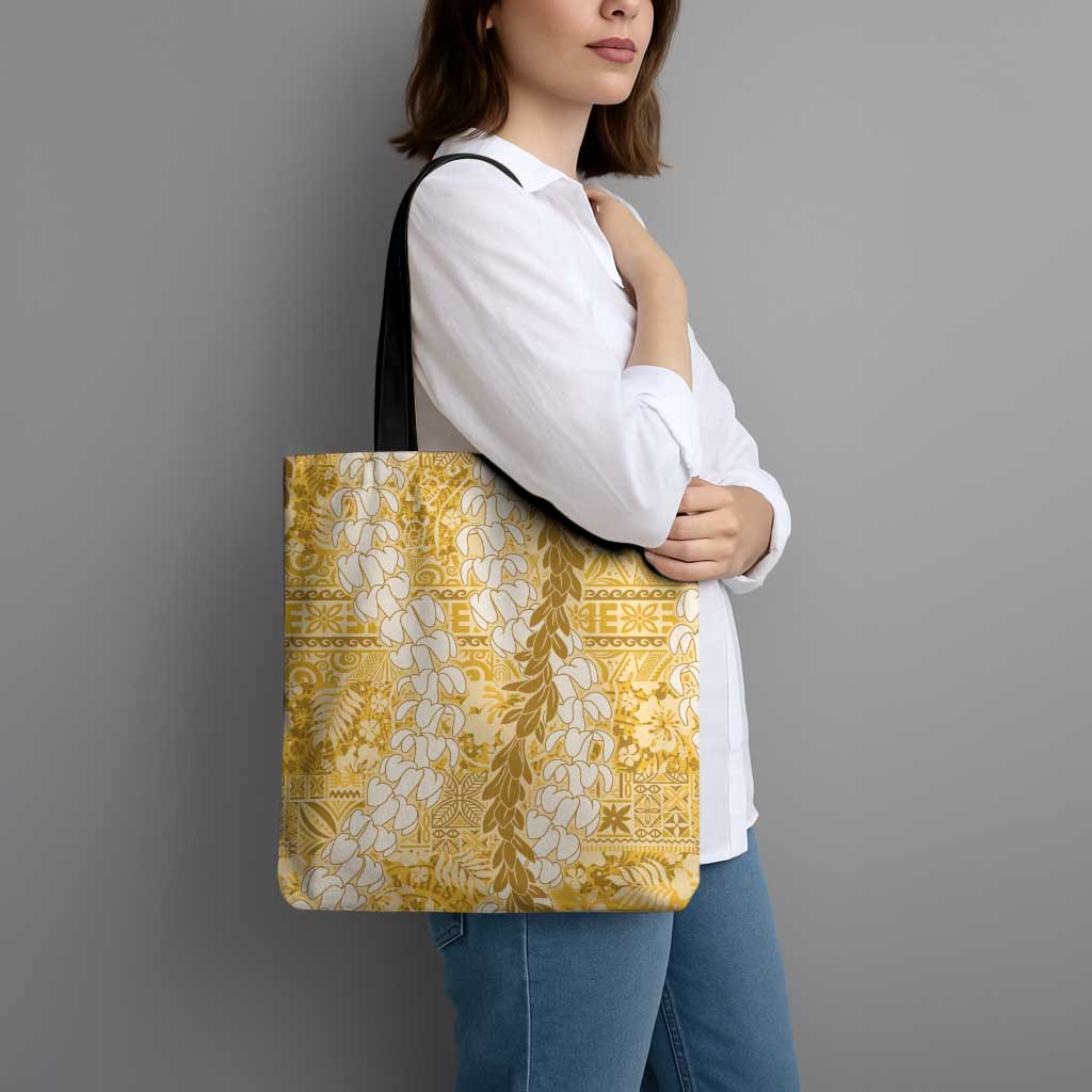 Gold Puakenikeni and Maile Lei Tote Bag Hawaiian Style Tribal Tapa Double Strand Lei - Polynesian Pride