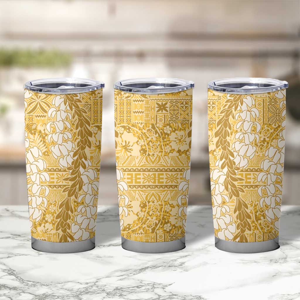 Gold Puakenikeni and Maile Lei Tumbler Cup Hawaiian Style Tribal Tapa Double Strand Lei LT9 - Polynesian Pride
