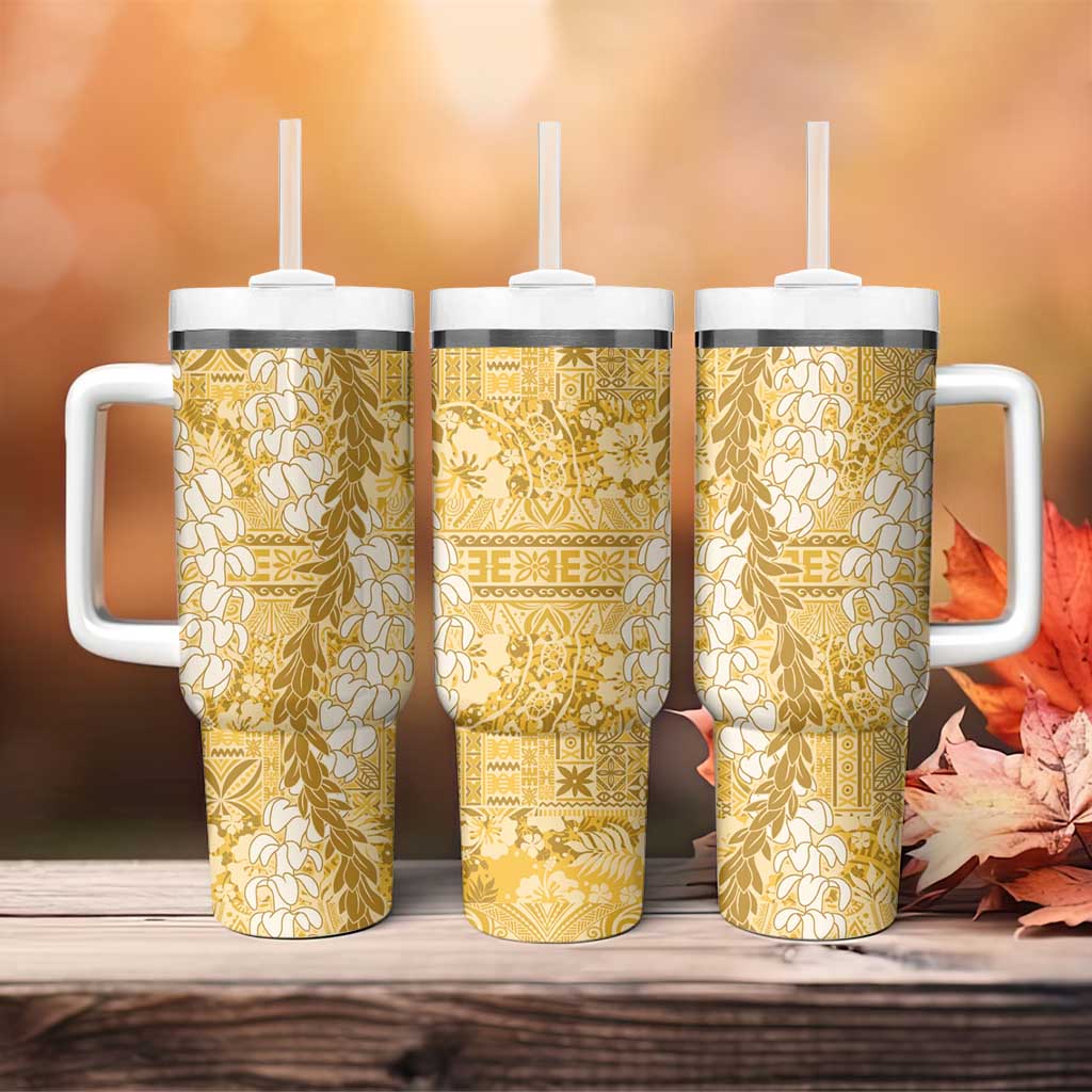 Gold Puakenikeni and Maile Lei Tumbler With Handle Hawaiian Style Tribal Tapa Double Strand Lei
