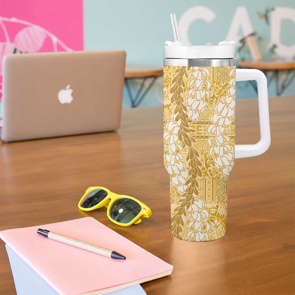 Gold Puakenikeni and Maile Lei Tumbler With Handle Hawaiian Style Tribal Tapa Double Strand Lei
