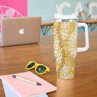 Gold Puakenikeni and Maile Lei Tumbler With Handle Hawaiian Style Tribal Tapa Double Strand Lei