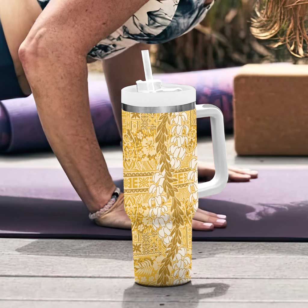 Gold Puakenikeni and Maile Lei Tumbler With Handle Hawaiian Style Tribal Tapa Double Strand Lei