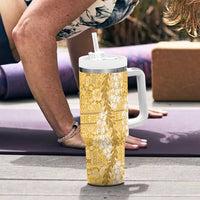 Gold Puakenikeni and Maile Lei Tumbler With Handle Hawaiian Style Tribal Tapa Double Strand Lei