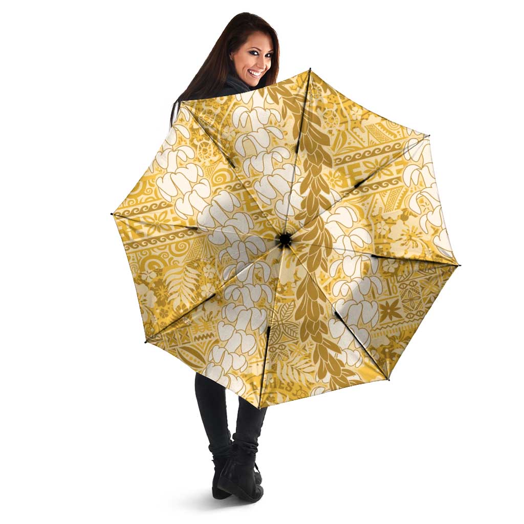 Gold Puakenikeni and Maile Lei Umbrella Hawaiian Style Tribal Tapa Double Strand Lei - Polynesian Pride