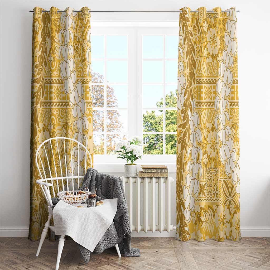 Gold Puakenikeni and Maile Lei Window Curtain Hawaiian Style Tribal Tapa Double Strand Lei