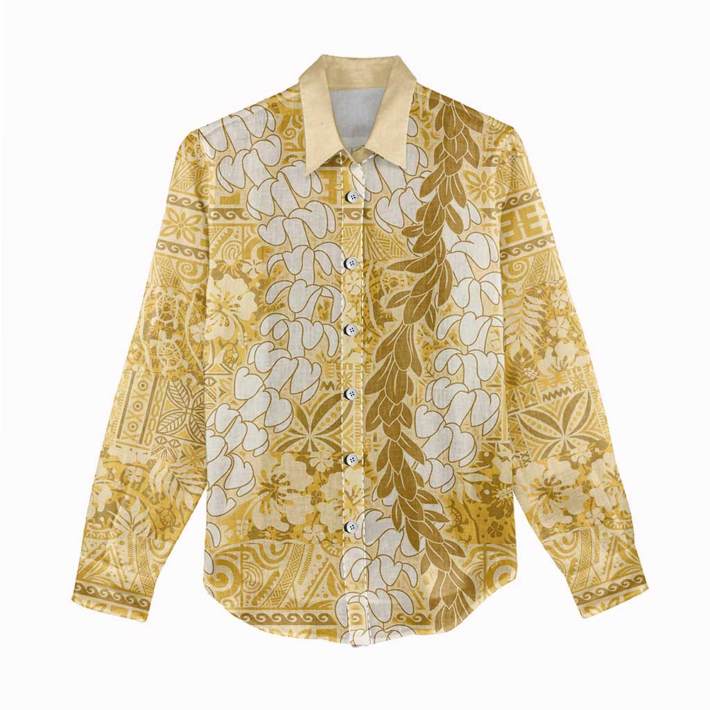 Gold Puakenikeni and Maile Lei Women Casual Shirt Hawaiian Style Tribal Tapa Double Strand Lei LT9 - Polynesian Pride