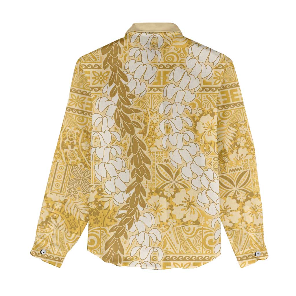Gold Puakenikeni and Maile Lei Women Casual Shirt Hawaiian Style Tribal Tapa Double Strand Lei LT9 - Polynesian Pride