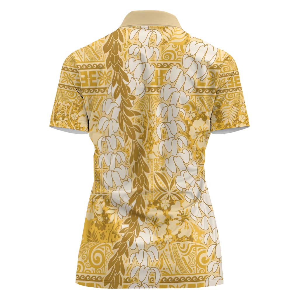 Gold Puakenikeni and Maile Lei Women Polo Shirt Hawaiian Style Tribal Tapa Double Strand Lei LT9 - Polynesian Pride