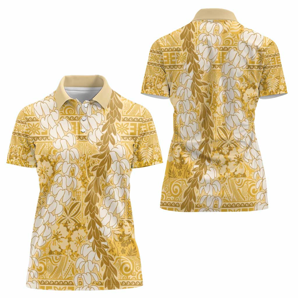Gold Puakenikeni and Maile Lei Women Polo Shirt Hawaiian Style Tribal Tapa Double Strand Lei LT9 - Polynesian Pride