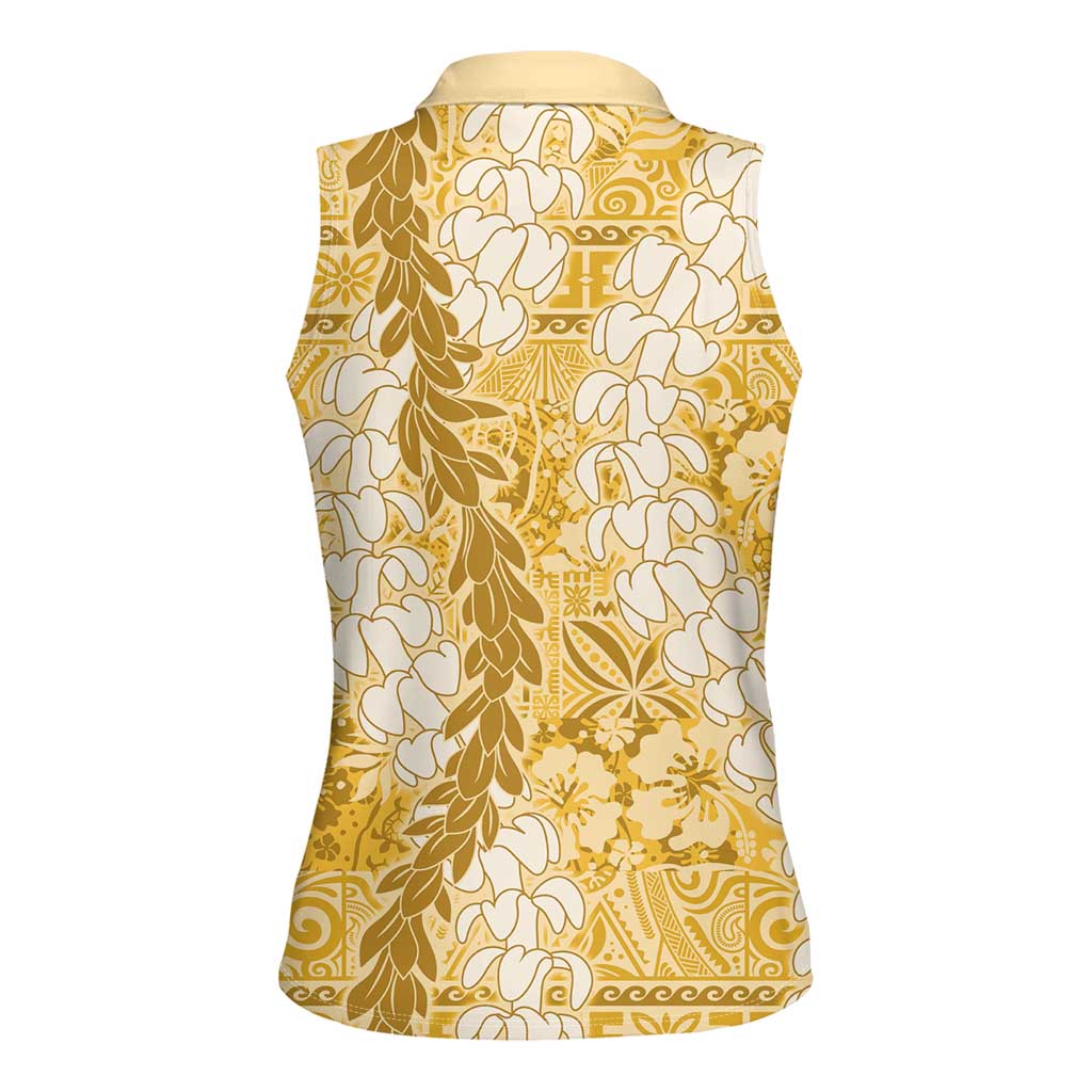 Gold Puakenikeni and Maile Lei Women Sleeveless Polo Shirt Hawaiian Style Tribal Tapa Double Strand Lei LT9 - Polynesian Pride
