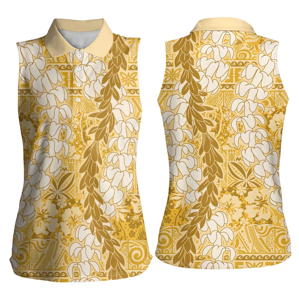 Gold Puakenikeni and Maile Lei Women Sleeveless Polo Shirt Hawaiian Style Tribal Tapa Double Strand Lei LT9 - Polynesian Pride