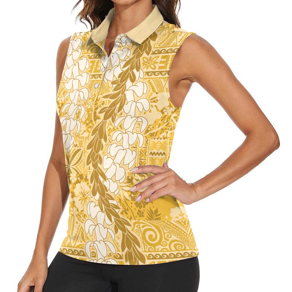 Gold Puakenikeni and Maile Lei Women Sleeveless Polo Shirt Hawaiian Style Tribal Tapa Double Strand Lei LT9 - Polynesian Pride