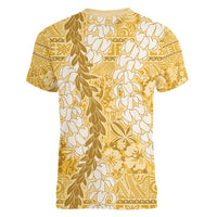 Gold Puakenikeni and Maile Lei Women V-Neck T-Shirt Hawaiian Style Tribal Tapa Double Strand Lei