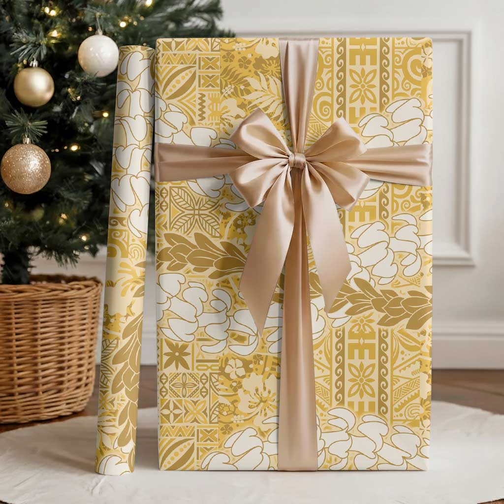 Gold Puakenikeni and Maile Lei Wrapping Paper Hawaiian Style Tribal Tapa Double Strand Lei - Polynesian Pride