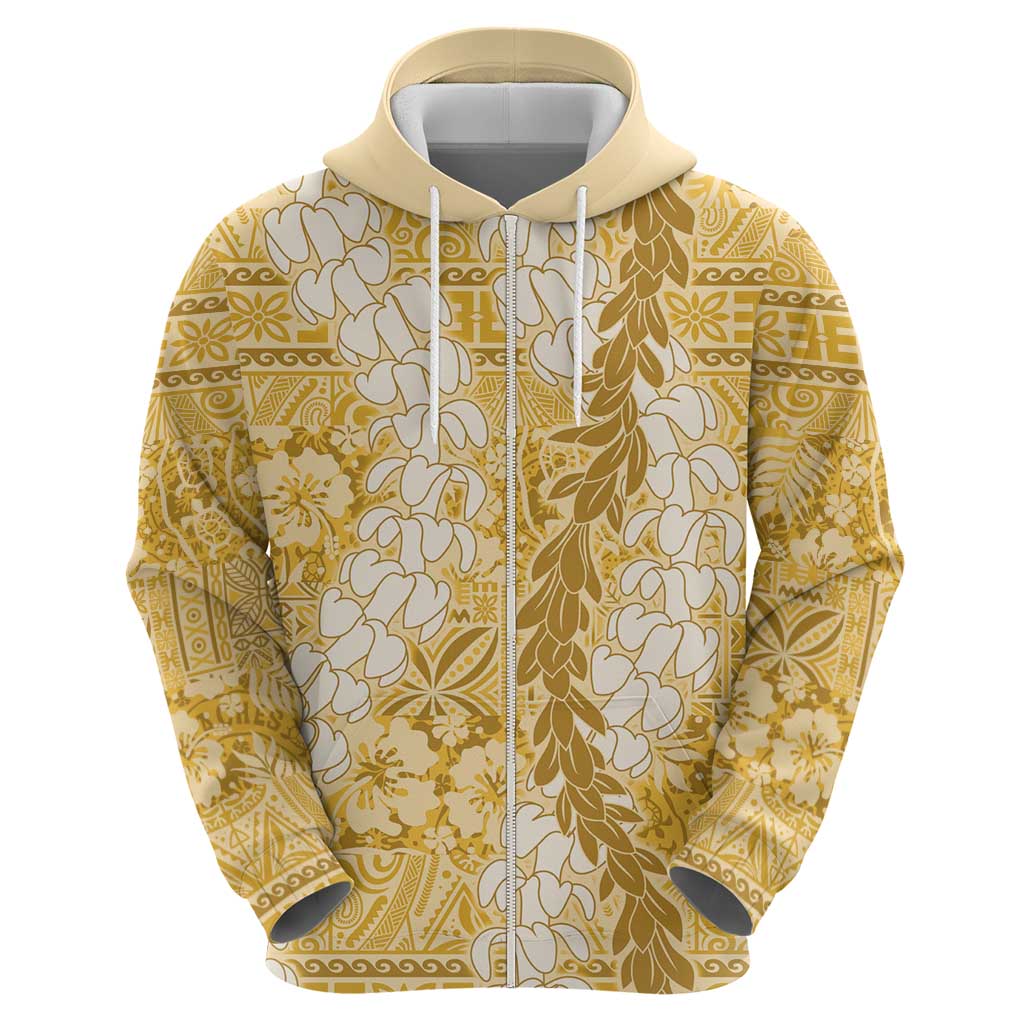 Gold Puakenikeni and Maile Lei Zip Hoodie Hawaiian Style Tribal Tapa Double Strand Lei LT9 - Polynesian Pride