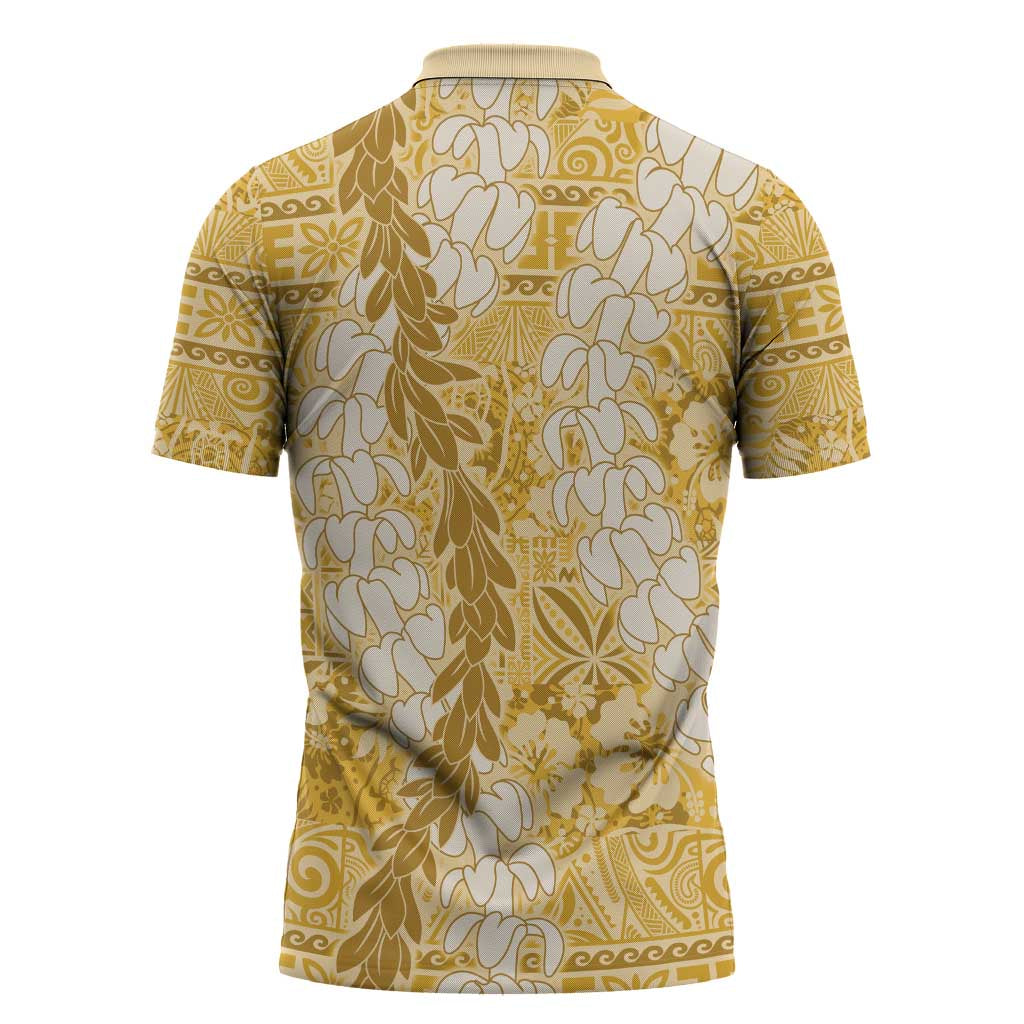 Gold Puakenikeni and Maile Lei Zipper Polo Shirt Hawaiian Style Tribal Tapa Double Strand Lei LT9 - Polynesian Pride