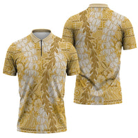 Gold Puakenikeni and Maile Lei Zipper Polo Shirt Hawaiian Style Tribal Tapa Double Strand Lei LT9 - Polynesian Pride